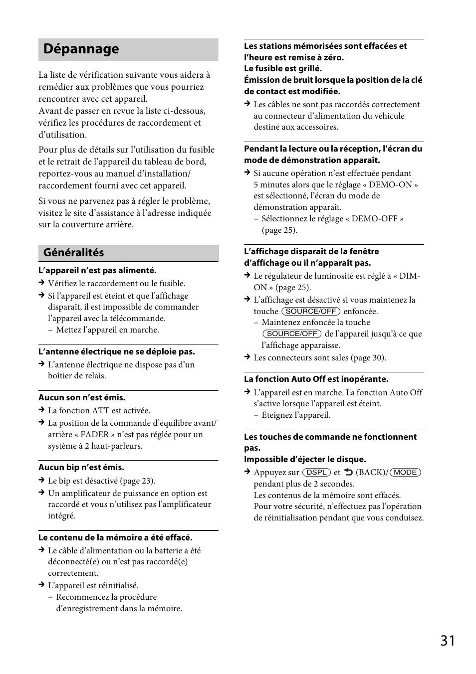 Dépannage, Généralités | Sony CDX-GT570UP User Manual | Page 61 / 100
