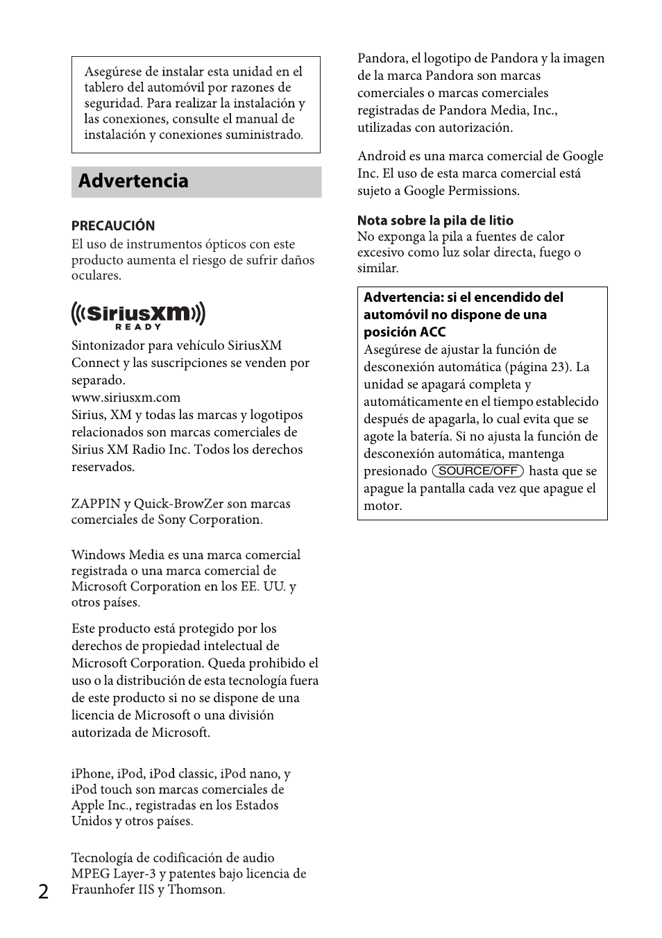 Advertencia | Sony CDX-GT570UP User Manual | Page 66 / 100