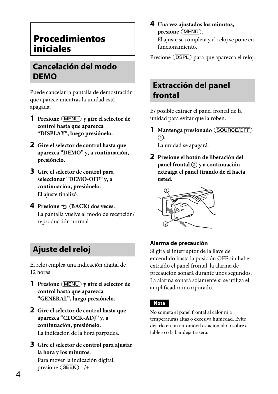 Procedimientos iniciales, Cancelación del modo demo, Ajuste del reloj | Extracción del panel frontal | Sony CDX-GT570UP User Manual | Page 68 / 100