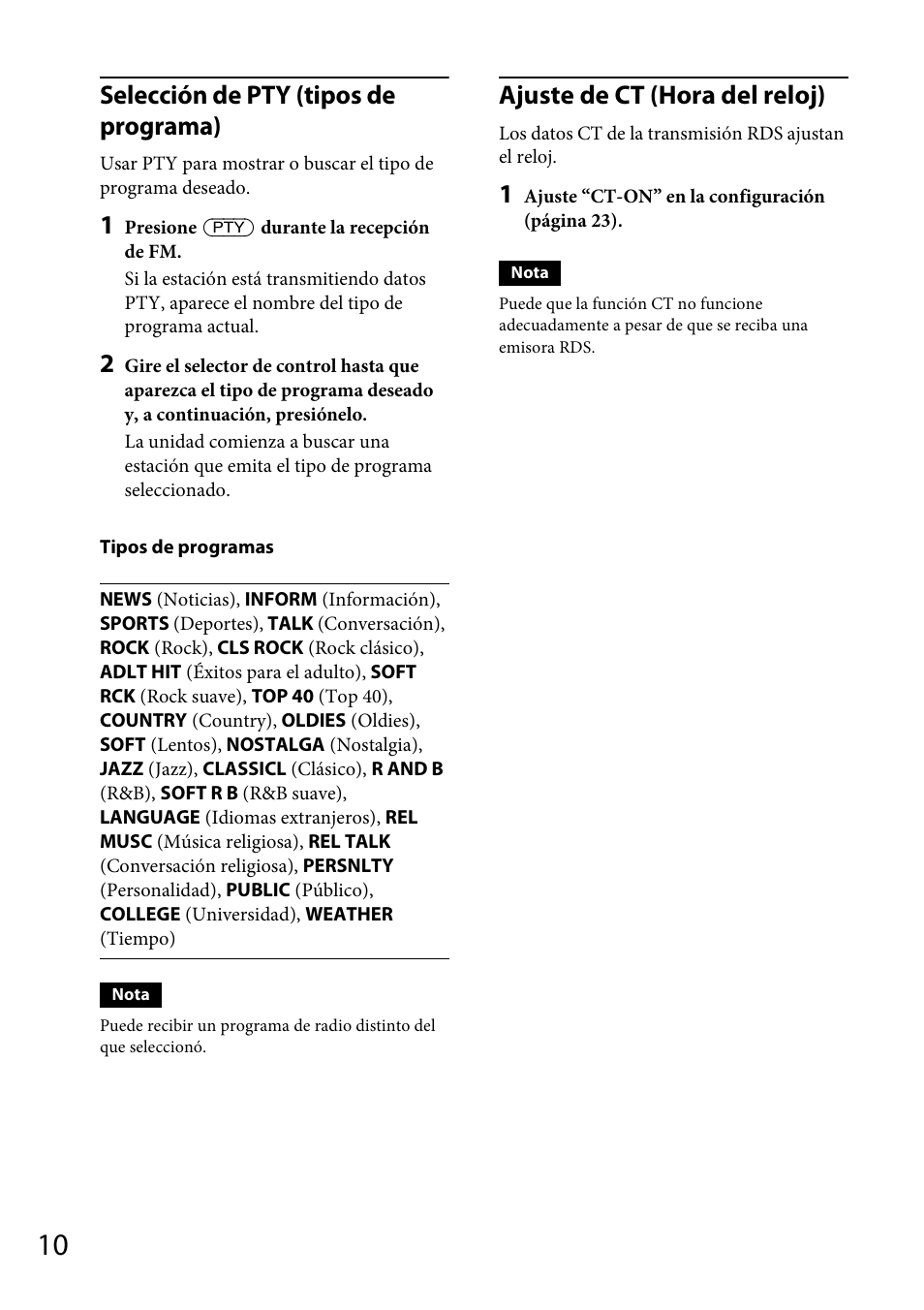 Selección de pty (tipos de programa), Ajuste de ct (hora del reloj) | Sony CDX-GT570UP User Manual | Page 74 / 100