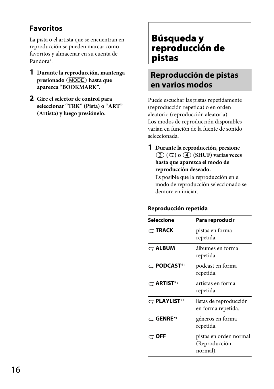 Búsqueda y reproducción de pistas, Reproducción de pistas en varios modos, Favoritos | Sony CDX-GT570UP User Manual | Page 80 / 100