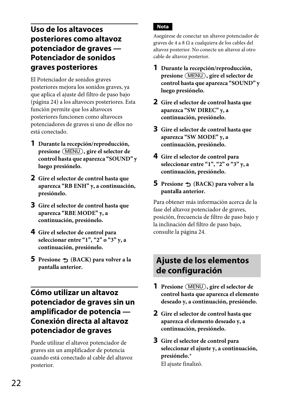Ajuste de los elementos de configuración | Sony CDX-GT570UP User Manual | Page 86 / 100