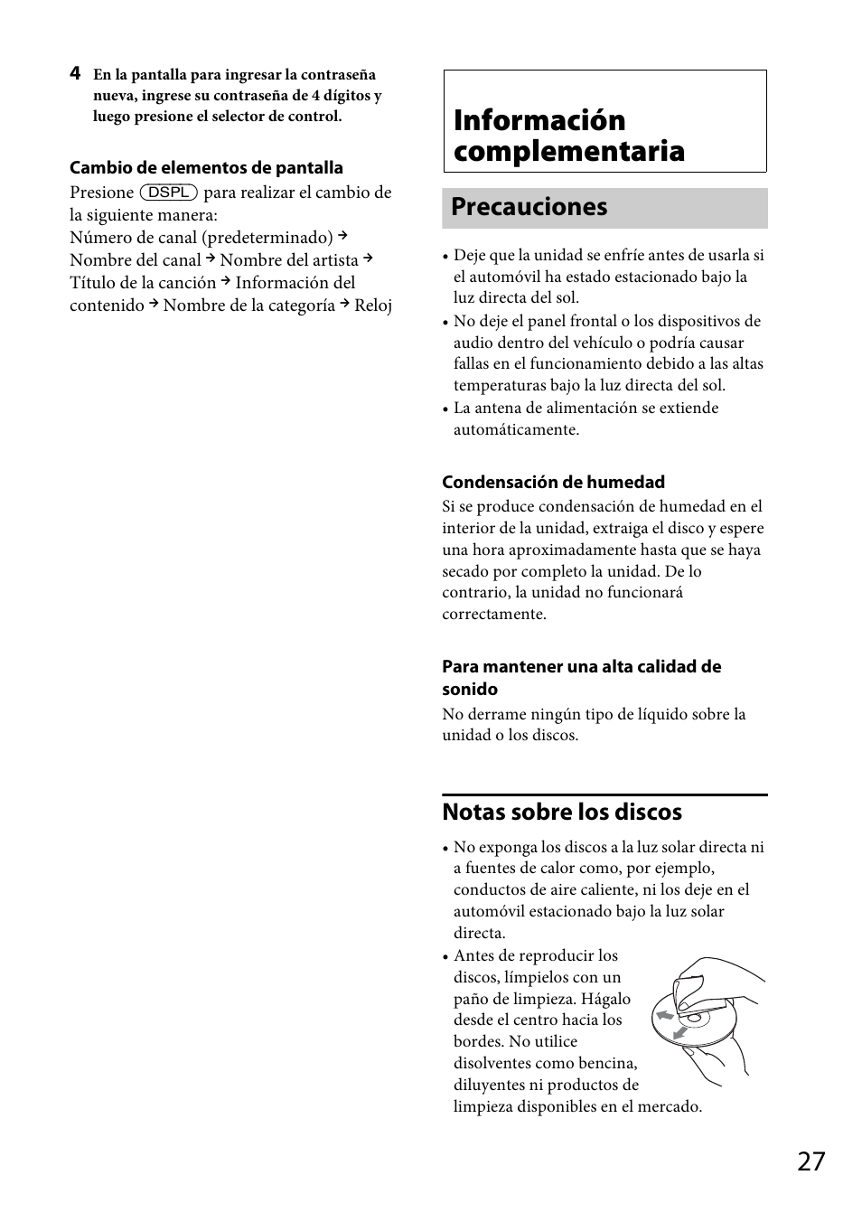 Información complementaria, Precauciones, Notas sobre los discos | Sony CDX-GT570UP User Manual | Page 91 / 100