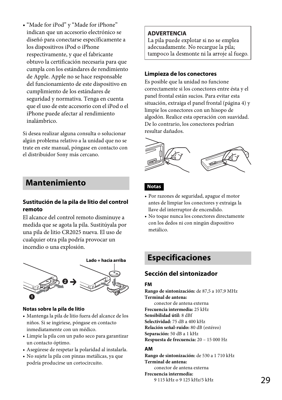 Mantenimiento, Especificaciones, Mantenimiento especificaciones | Sección del sintonizador | Sony CDX-GT570UP User Manual | Page 93 / 100