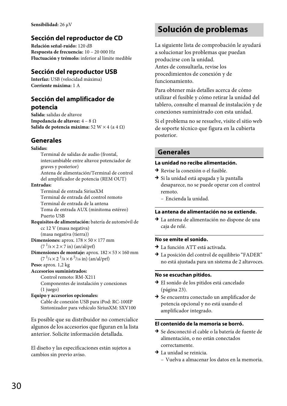 Solución de problemas, Sección del reproductor de cd, Sección del reproductor usb | Sección del amplificador de potencia, Generales | Sony CDX-GT570UP User Manual | Page 94 / 100