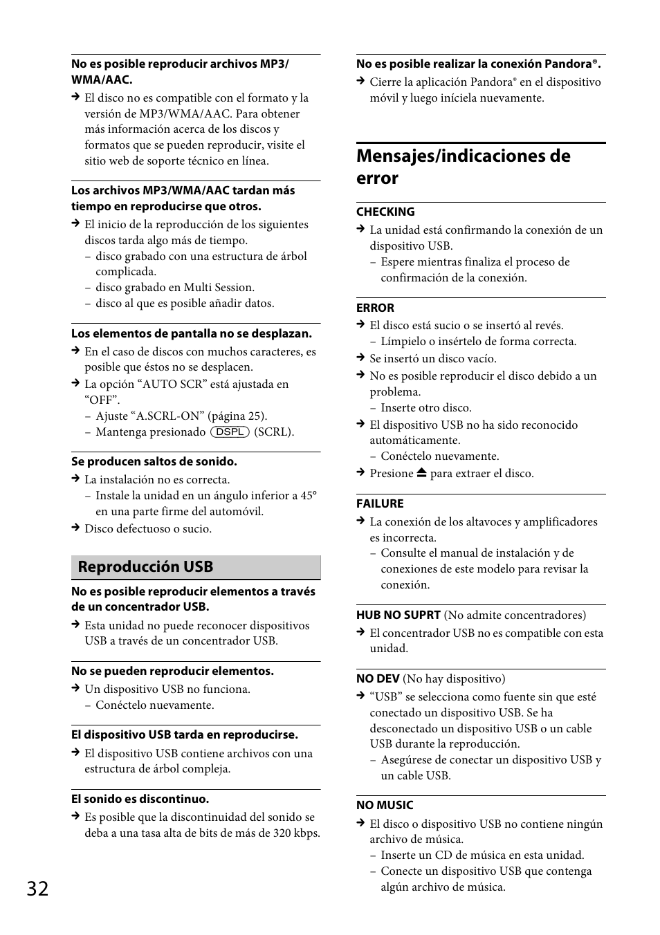 Mensajes/indicaciones de error, Reproducción usb | Sony CDX-GT570UP User Manual | Page 96 / 100