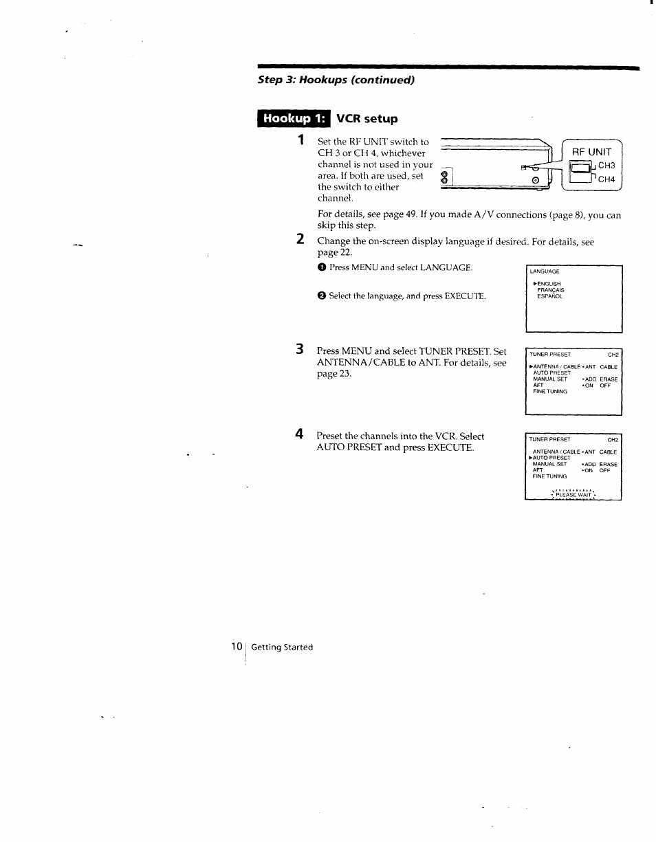 Vcr setup, Hookup 1: vcr setup, Rf unit | Sony SLV-690HF User Manual | Page 10 / 59