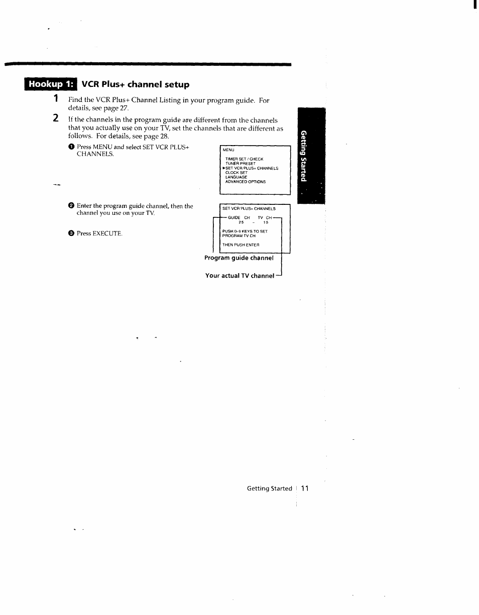 Program guide channel, Your actual tv channel, Hookup 1: vcr plus+ channel setup | Sony SLV-690HF User Manual | Page 11 / 59