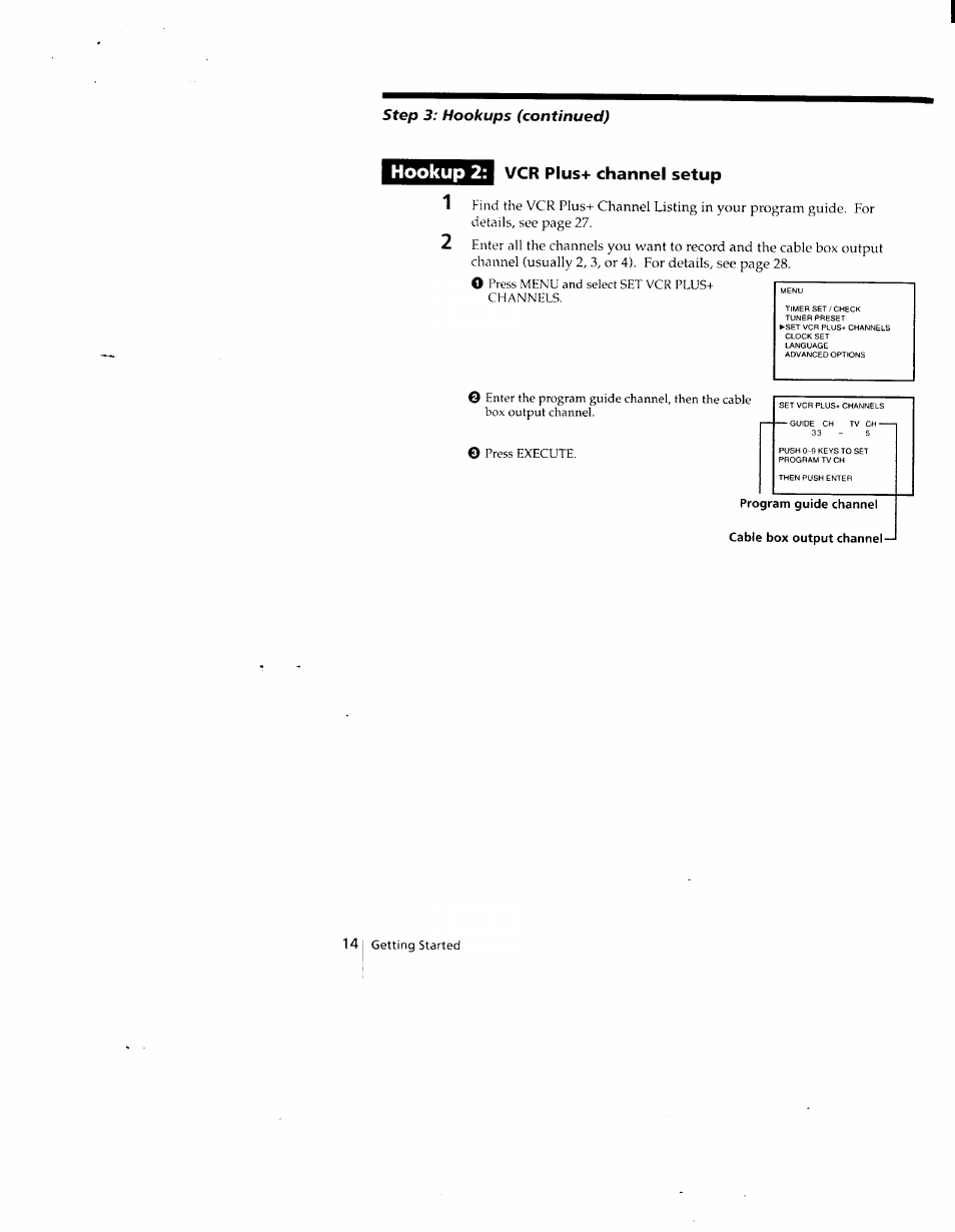 Vcr plus+ channel setup, Program guide channel cable box output channel, Hookup 2 | Sony SLV-690HF User Manual | Page 14 / 59