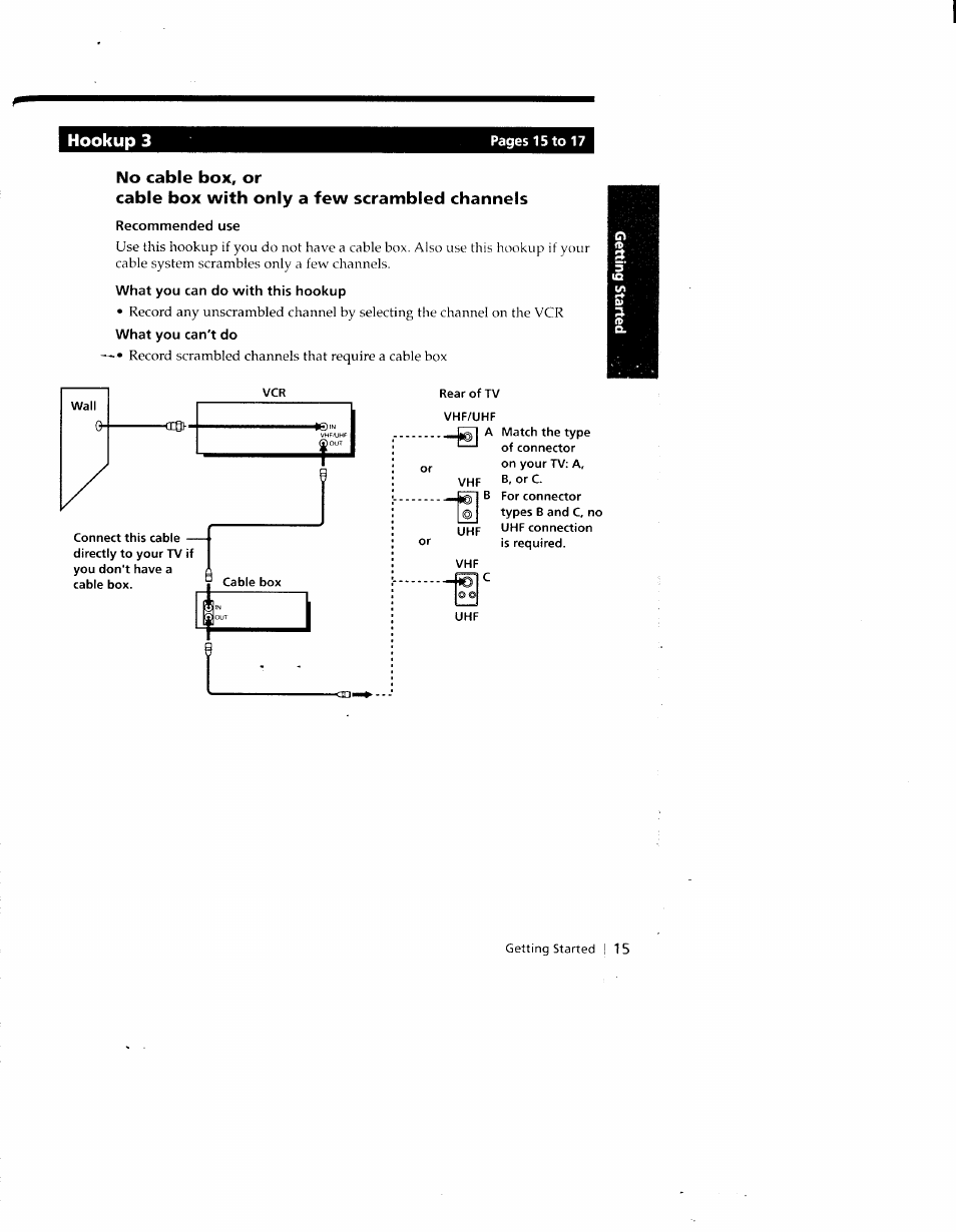 Hookup 3, No cable box, or, Cable box with only a few scrambled channels | Recommended use, What you can do with this hookup | Sony SLV-690HF User Manual | Page 15 / 59