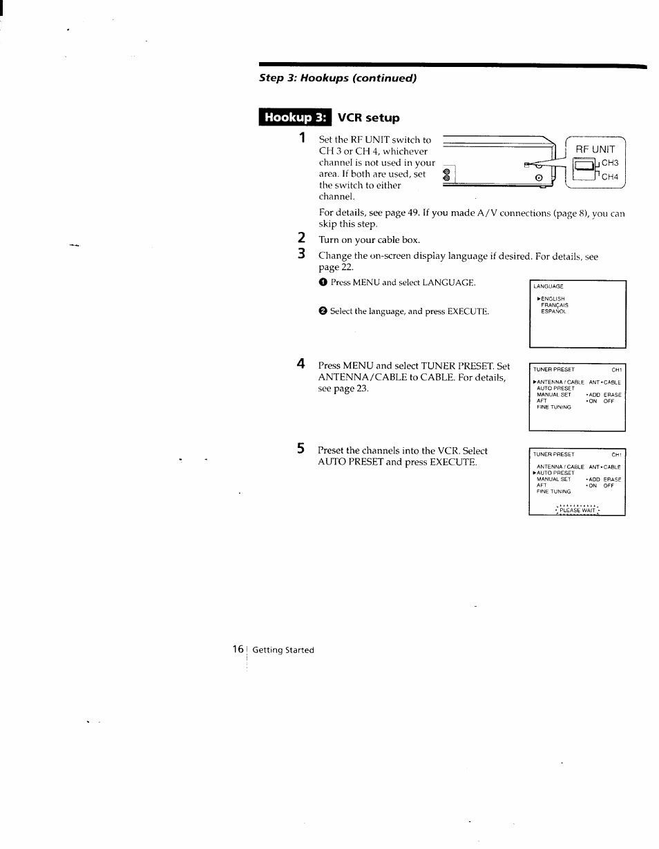 Hookup 3, Vcr setup, Hookup 3: vcr setup | Rf unit | Sony SLV-690HF User Manual | Page 16 / 59