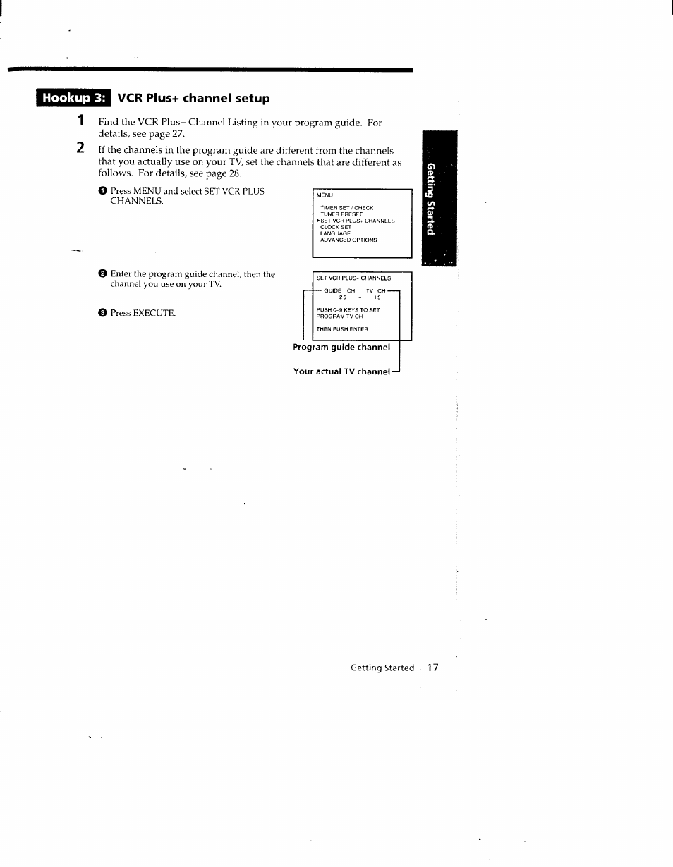Program guide channel, Your actual tv channel, Hookup 3: vcr plus+ channel setup | Sony SLV-690HF User Manual | Page 17 / 59
