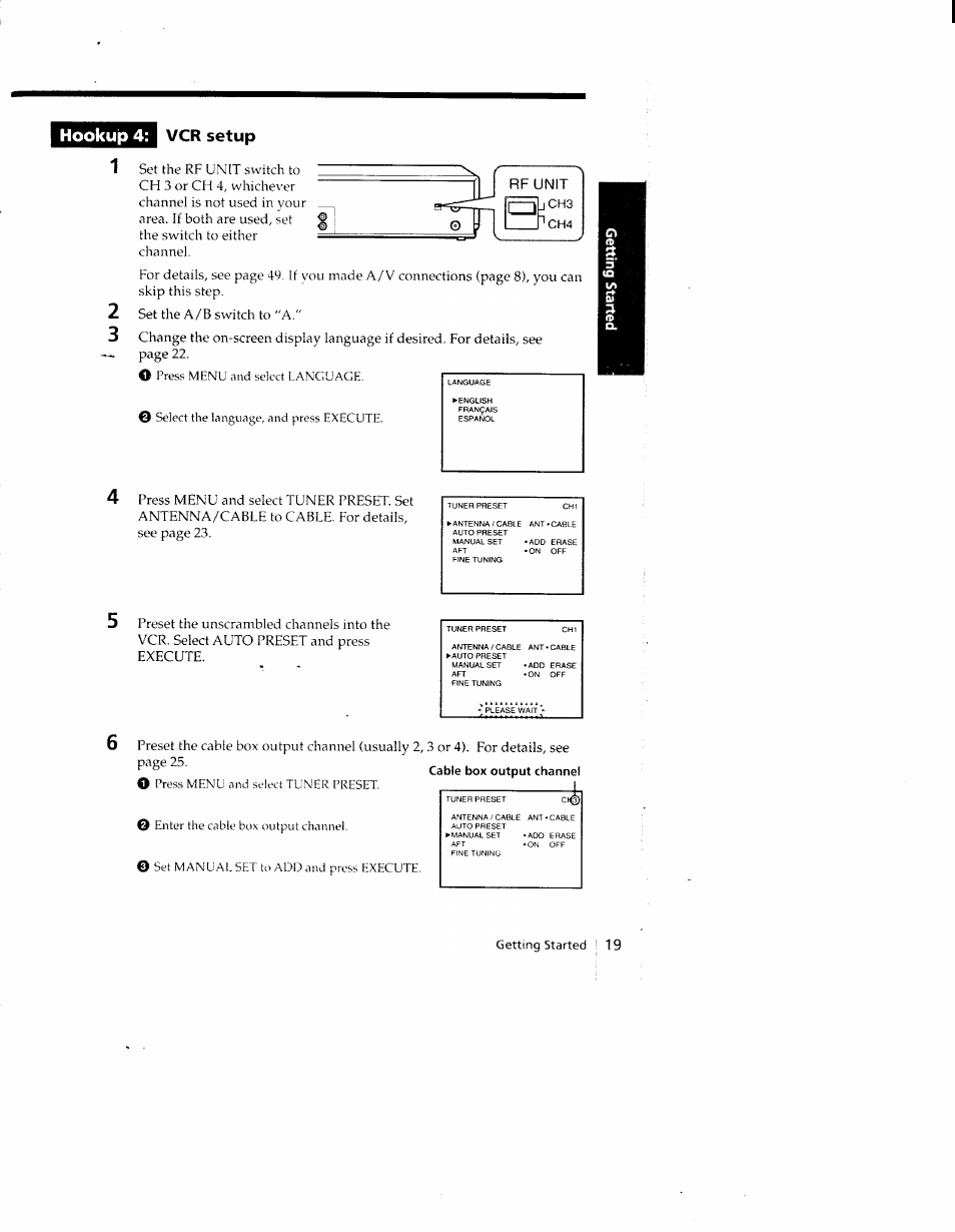Hookup 4, Vcr setup, Rf unit | Sony SLV-690HF User Manual | Page 19 / 59