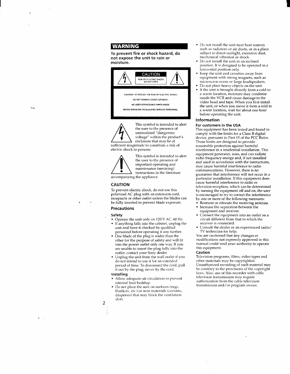 Warning, Caution, Precautions | Safety, Installing, Information, For customers in the usa | Sony SLV-690HF User Manual | Page 2 / 59