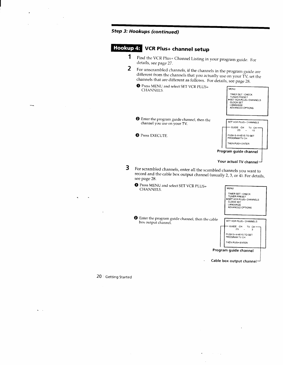 Vcr plus+ channel setup, Hookup 4: vcr plus+ channel setup | Sony SLV-690HF User Manual | Page 20 / 59
