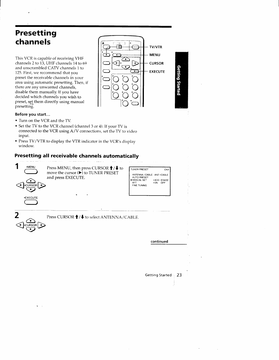 Presetting, Channels, Before you start | Presetting all receivable channels automatically, Presetting channels | Sony SLV-690HF User Manual | Page 23 / 59