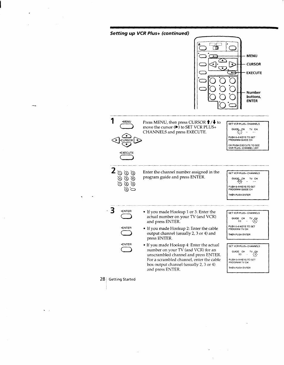 Menu, Cursor, Execute | Number, Enter, O o o, O d o | Sony SLV-690HF User Manual | Page 28 / 59