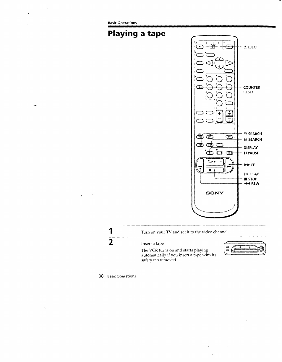 Basic operations, Playing a tape | Sony SLV-690HF User Manual | Page 30 / 59
