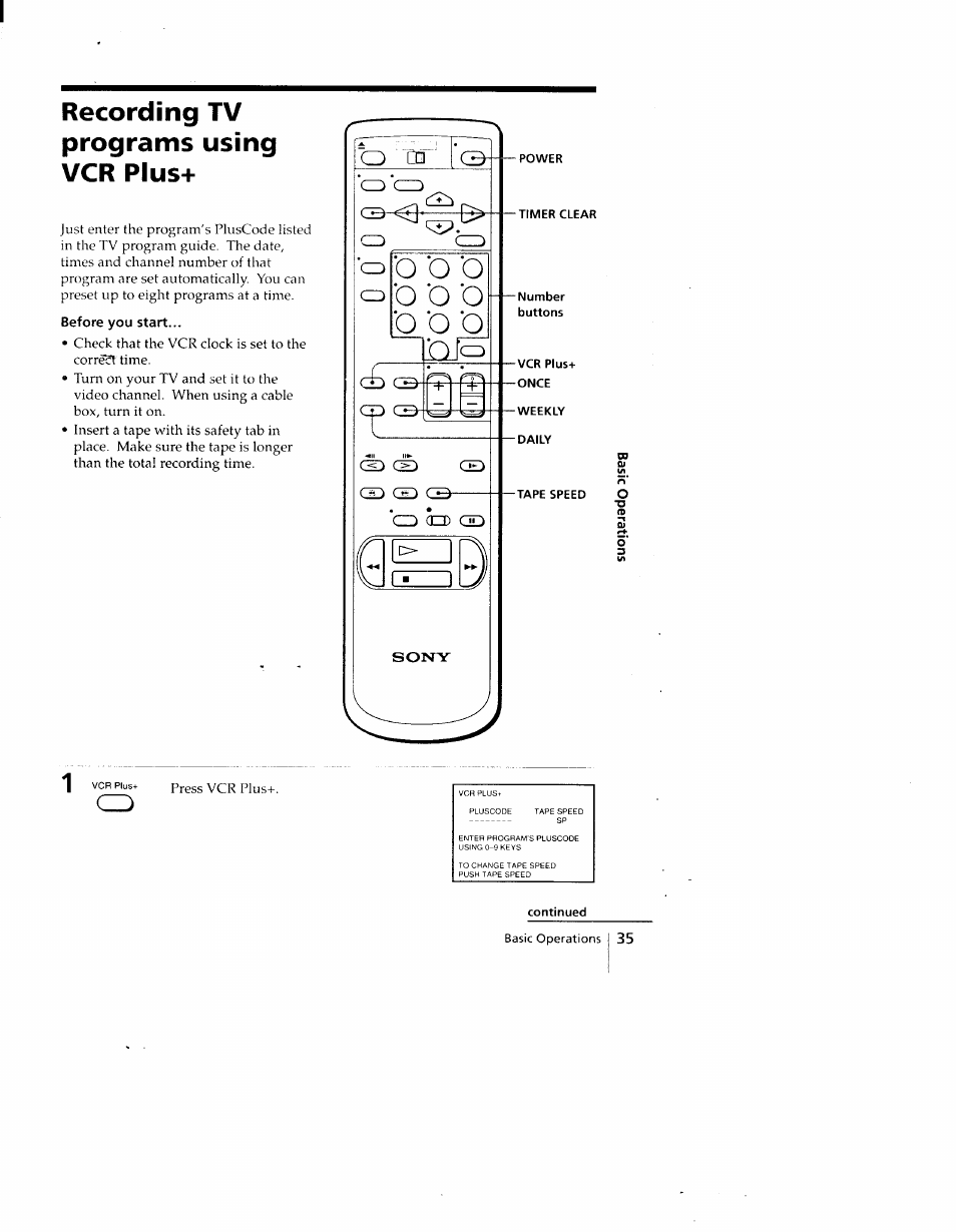 Recording tv programs using vcr plus, Before you start, Continued | Sony SLV-690HF User Manual | Page 35 / 59