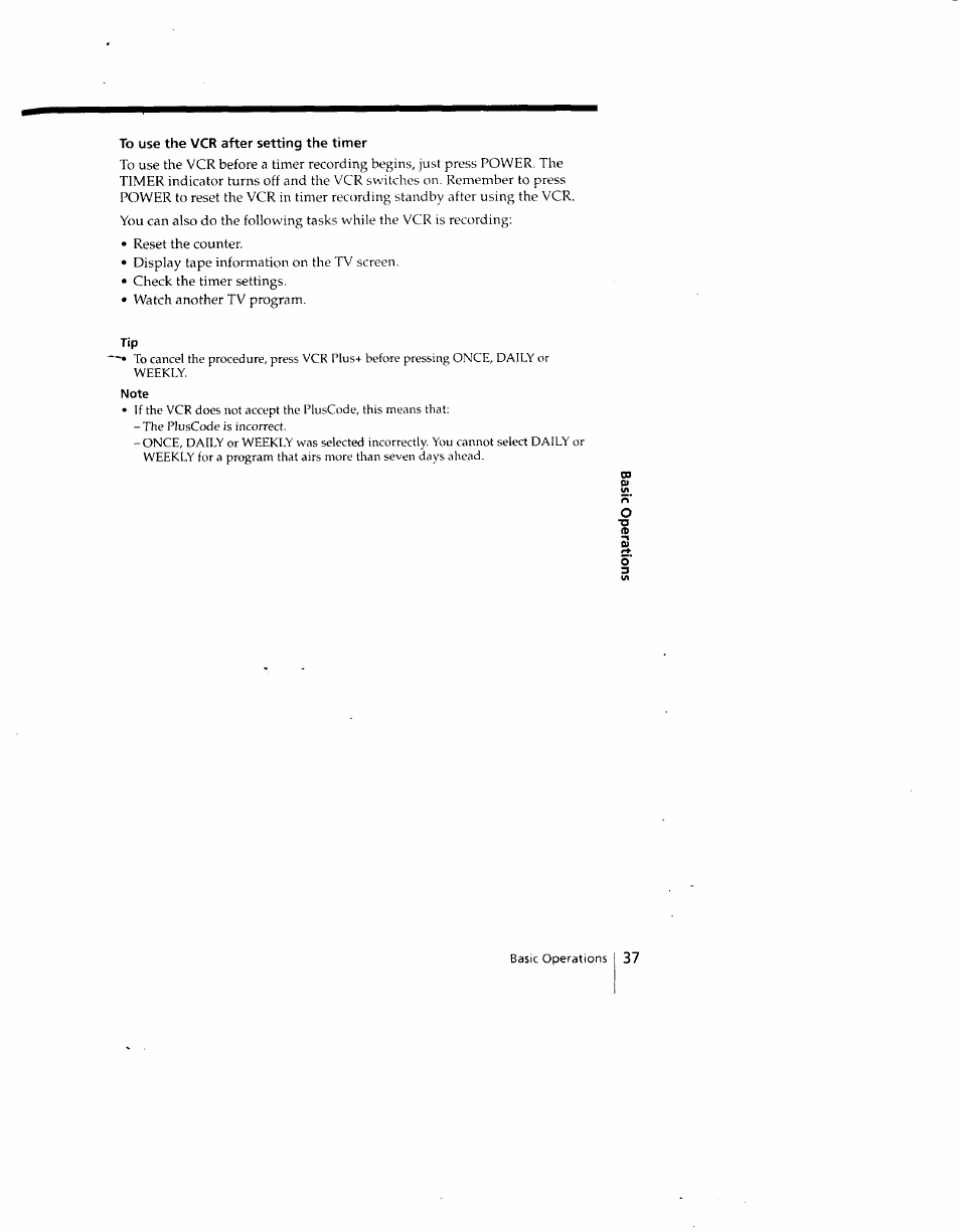 To use the vcr after setting the timer, Note | Sony SLV-690HF User Manual | Page 37 / 59