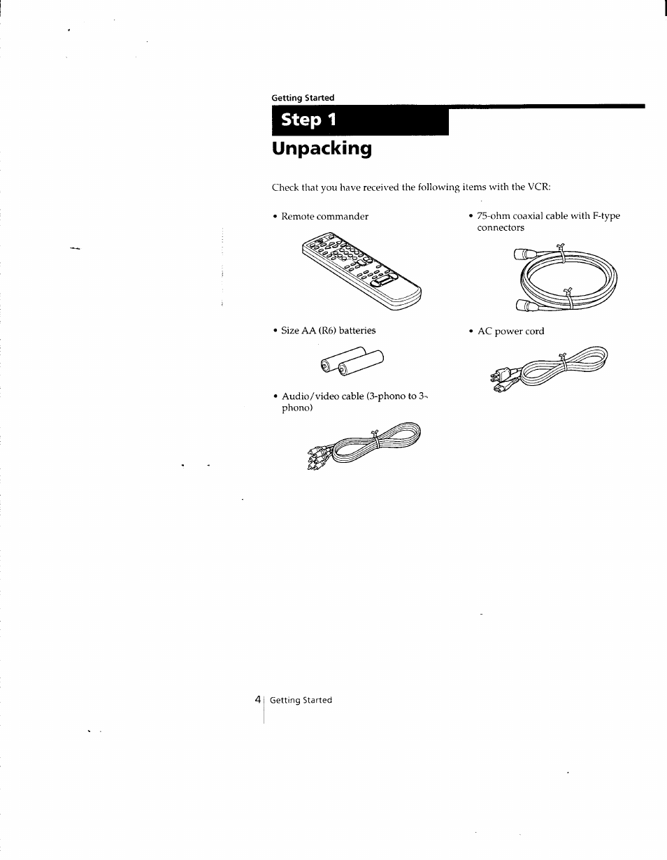 Getting started, Step 1, Unpacking | Step 1 unpacking | Sony SLV-690HF User Manual | Page 4 / 59