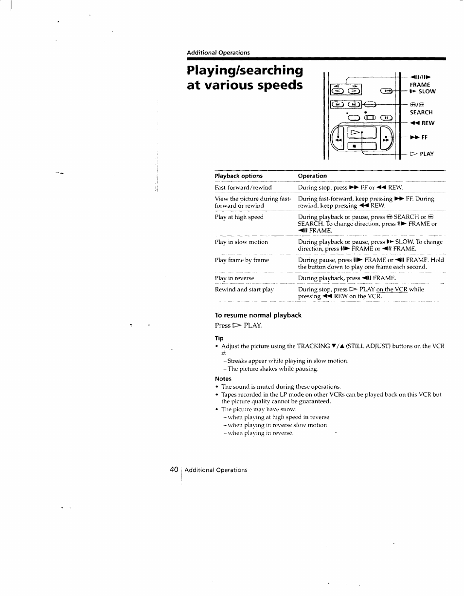 Additional operations, Playing/searching at various speeds, To resume normal playback | Notes | Sony SLV-690HF User Manual | Page 40 / 59