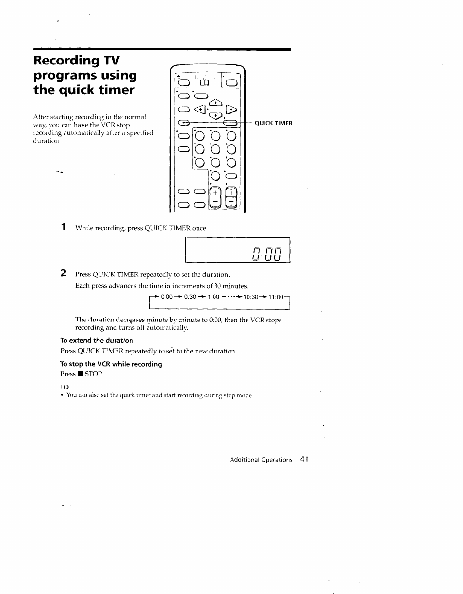 Recording tv programs using the quick timer, To extend the duration, To stop the vcr while recording | Sony SLV-690HF User Manual | Page 41 / 59