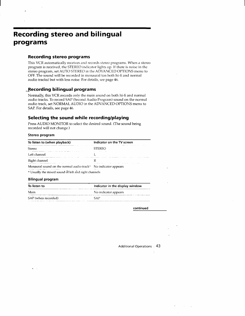 Recording stereo and bilingual programs, Recording stereo programs, Jlecording bilingual programs | Selecting the sound while recording/playing, Stereo program, Bilingual program | Sony SLV-690HF User Manual | Page 43 / 59