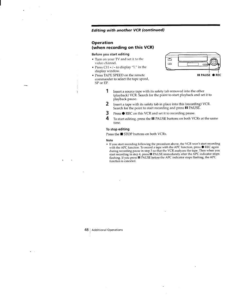 Operation, When recording on this vcr), Note | Sony SLV-690HF User Manual | Page 48 / 59