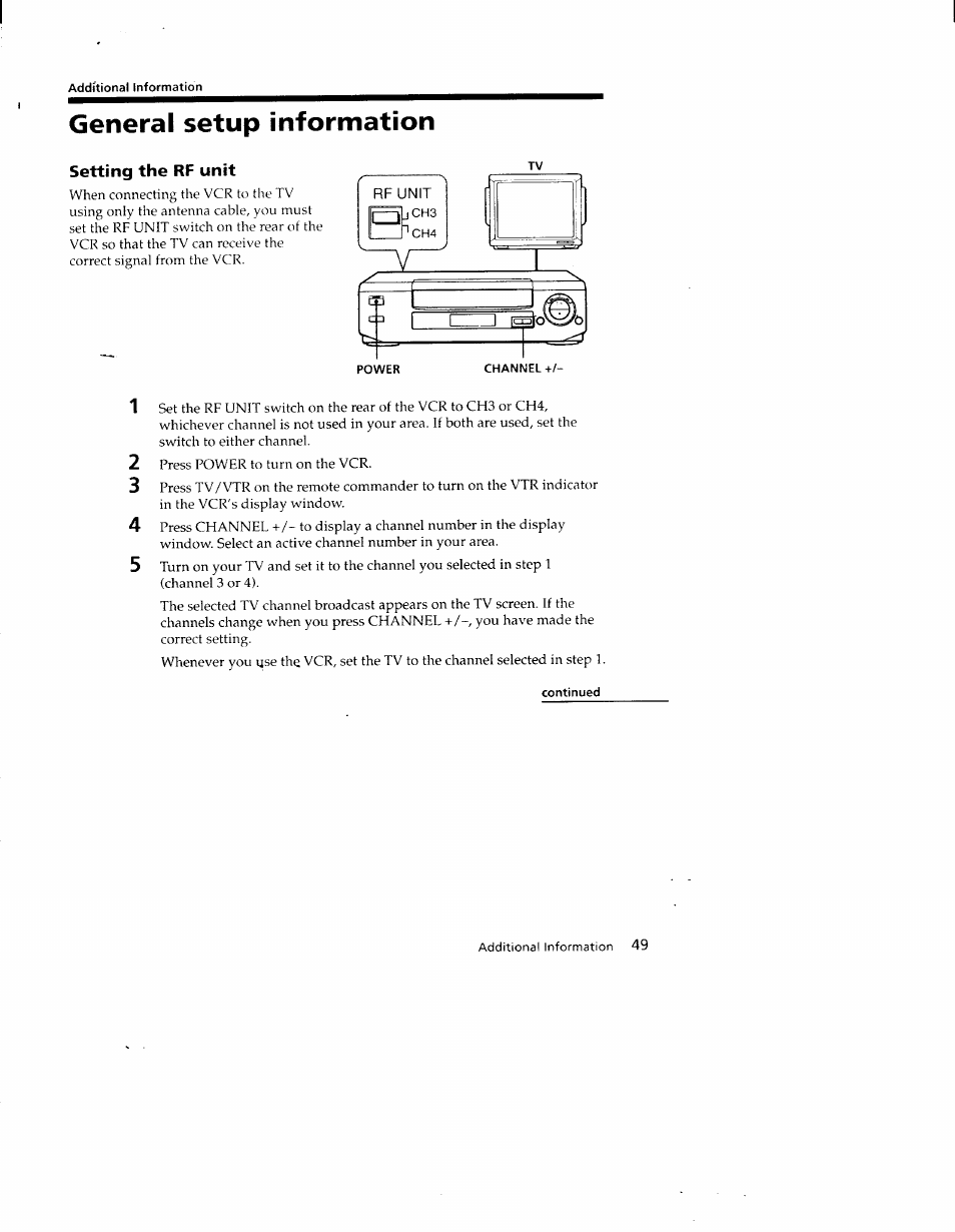 Additional information, General setup information, Setting the rf unit | Continued | Sony SLV-690HF User Manual | Page 49 / 59