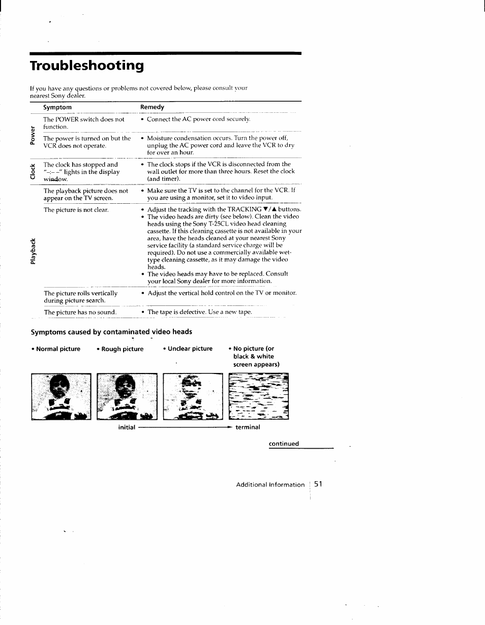 Troubleshooting, Symptoms caused by contaminated video heads | Sony SLV-690HF User Manual | Page 51 / 59