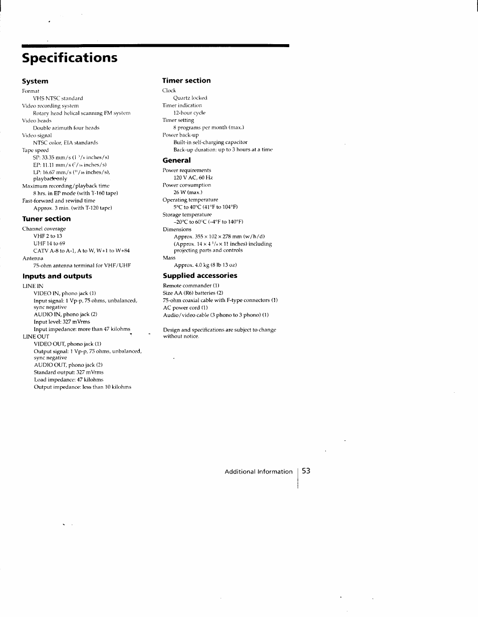 Specifications | Sony SLV-690HF User Manual | Page 53 / 59