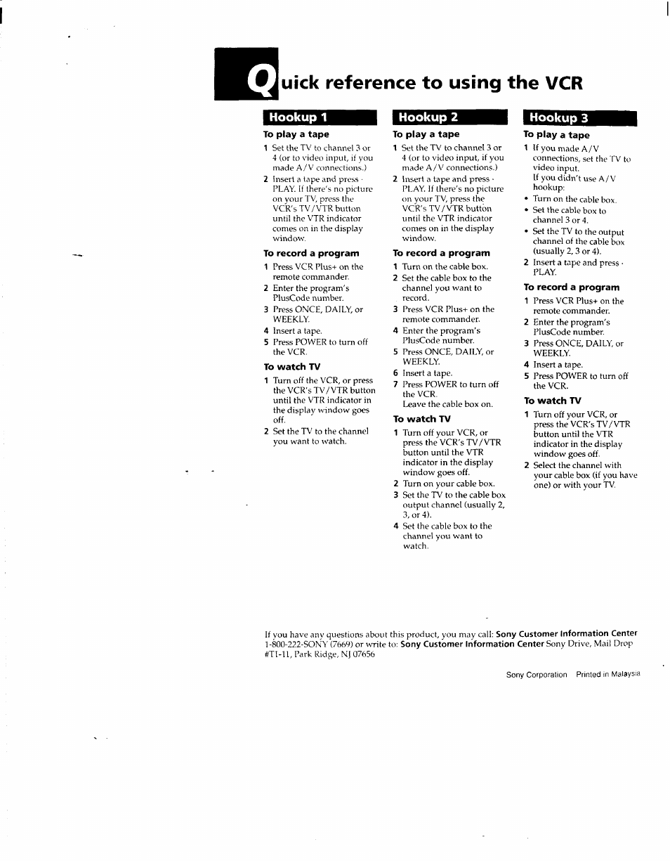 Uick reference to using the vcr, To play a tape, To record a program | To watch tv | Sony SLV-690HF User Manual | Page 59 / 59