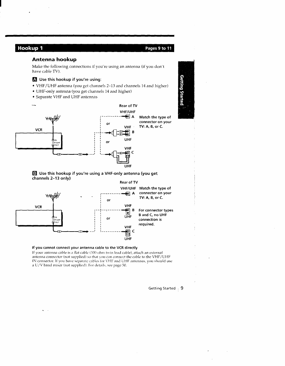 Antenna hookup, Use this hookup if you're using, Hookup 1 | Sony SLV-690HF User Manual | Page 9 / 59