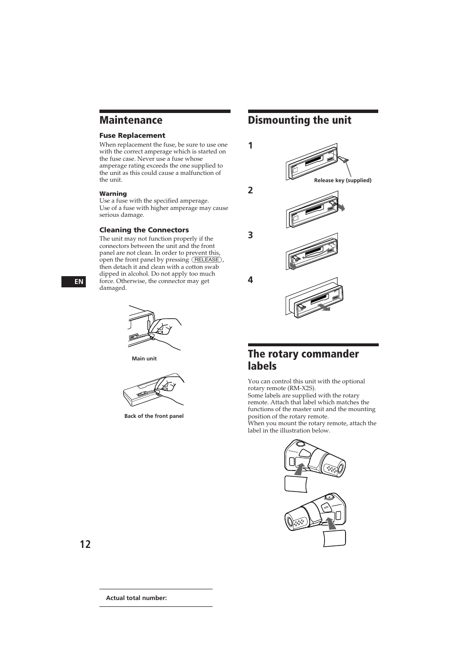 Maintenance, Dismounting the unit, The rotary commander labels | Sony XR-C400 User Manual | Page 12 / 18