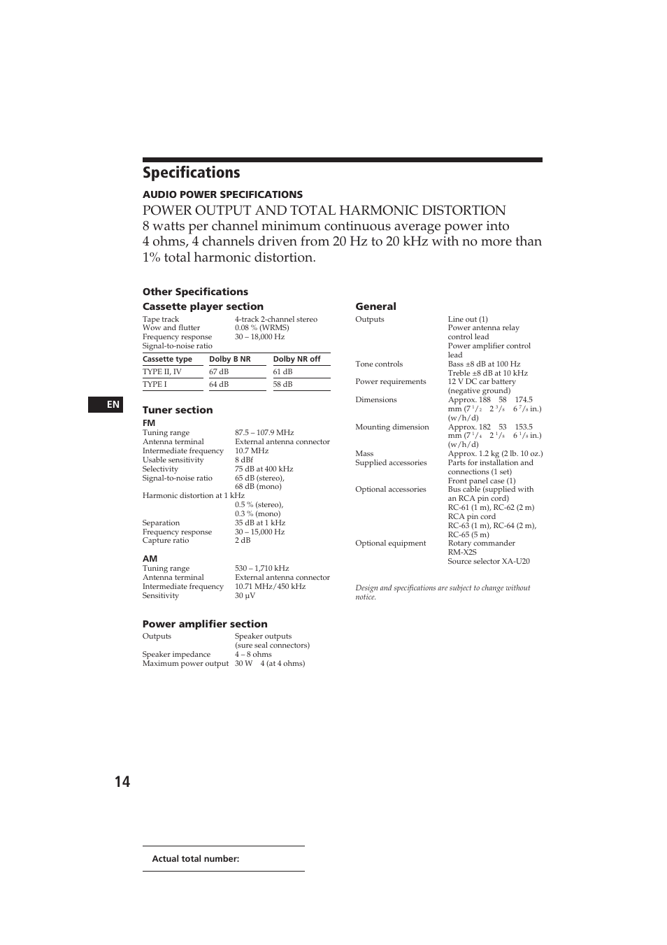 Specifications | Sony XR-C400 User Manual | Page 14 / 18