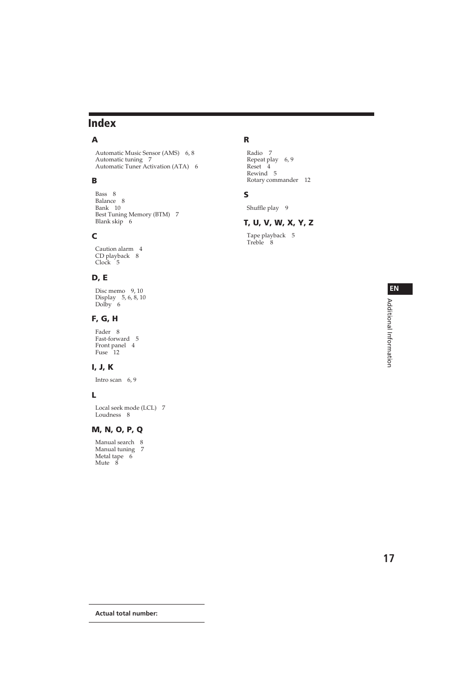 Index | Sony XR-C400 User Manual | Page 17 / 18