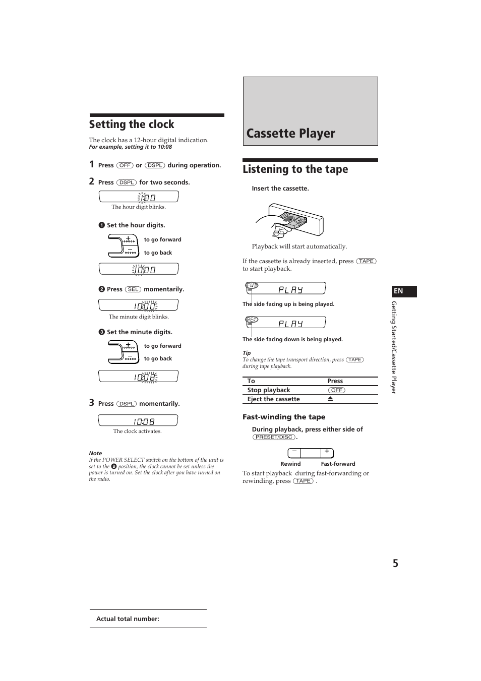Cassette player, Setting the clock, Listening to the tape | Sony XR-C400 User Manual | Page 5 / 18