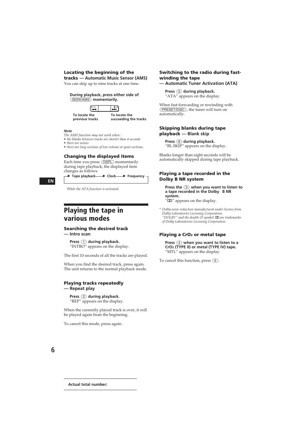 Playing the tape in various modes | Sony XR-C400 User Manual | Page 6 / 18