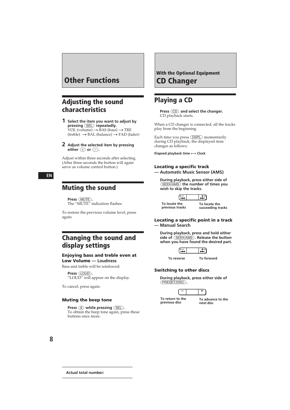 Other functions, Cd changer, Adjusting the sound characteristics | Muting the sound, Changing the sound and display settings, Playing a cd | Sony XR-C400 User Manual | Page 8 / 18