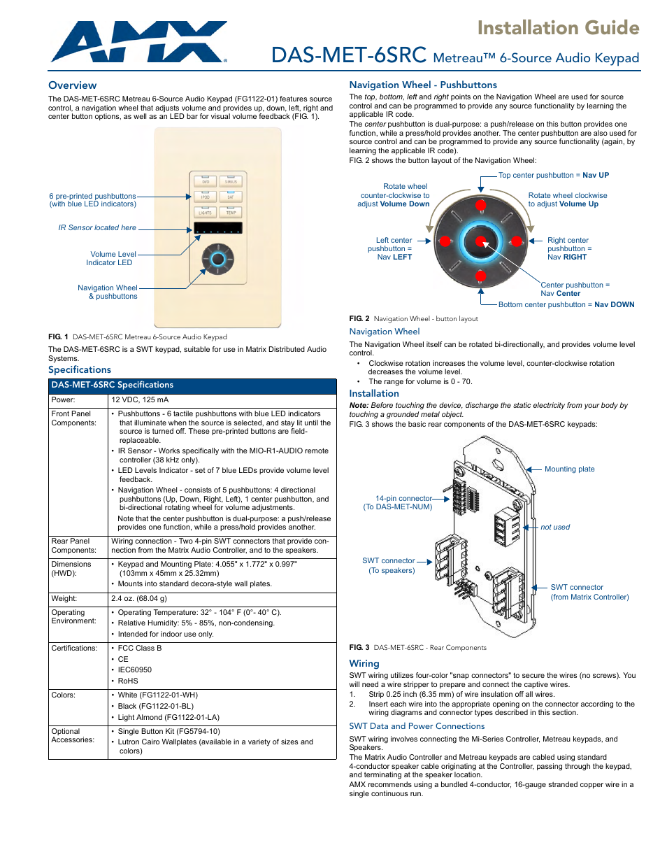 AMX Metreau 6-Source Audio Keypad DAS-MET-6SRC User Manual | 2 pages