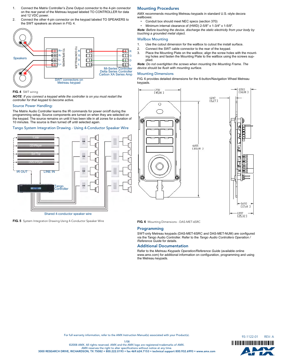 Source power handling, Mounting procedures, Wallbox mounting | Mounting dimensions, Programming, Additional documentation | AMX Metreau 6-Source Audio Keypad DAS-MET-6SRC User Manual | Page 2 / 2