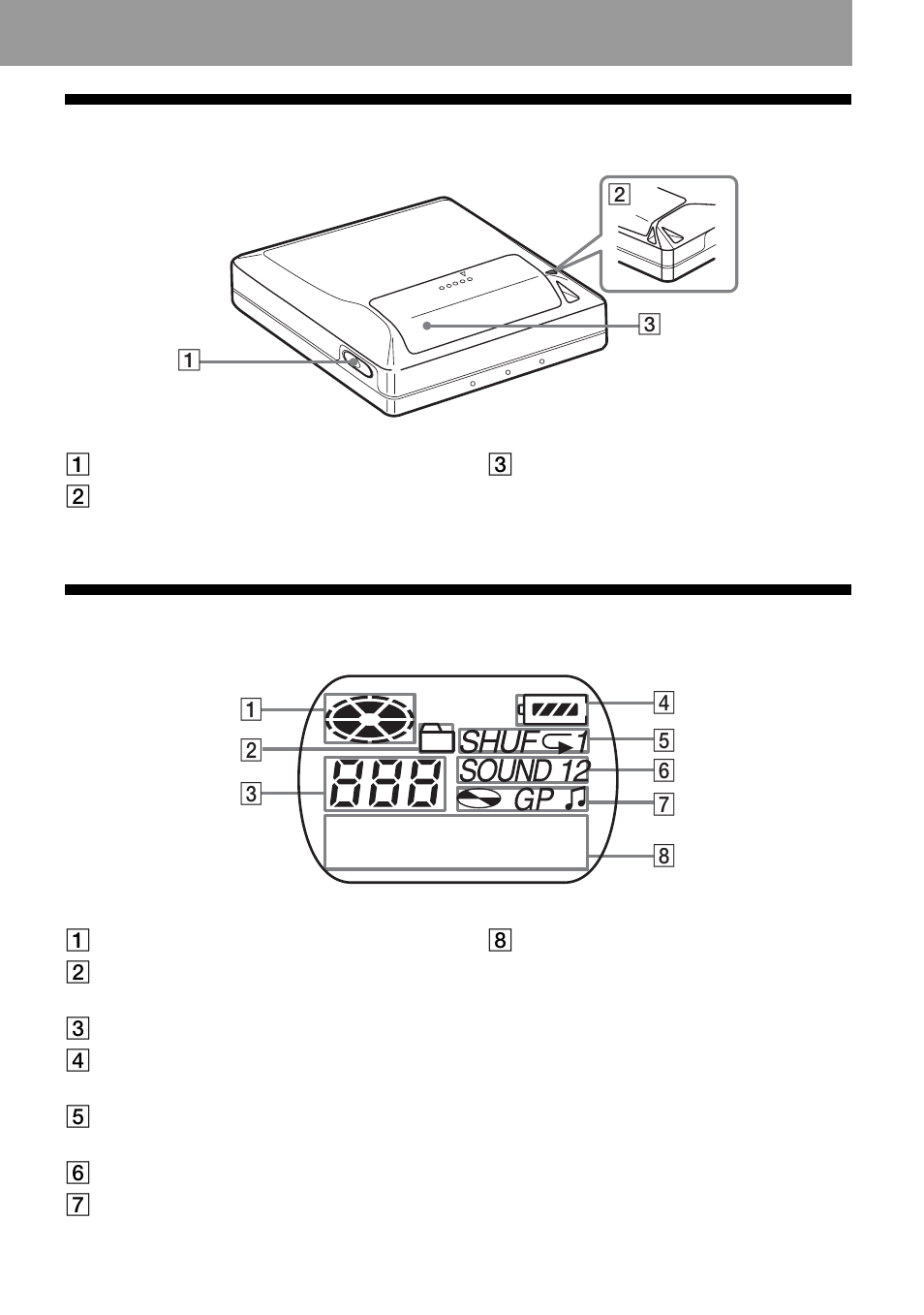 13 back of the player, The display window of the player | Sony MZ-NF520D User Manual | Page 13 / 68