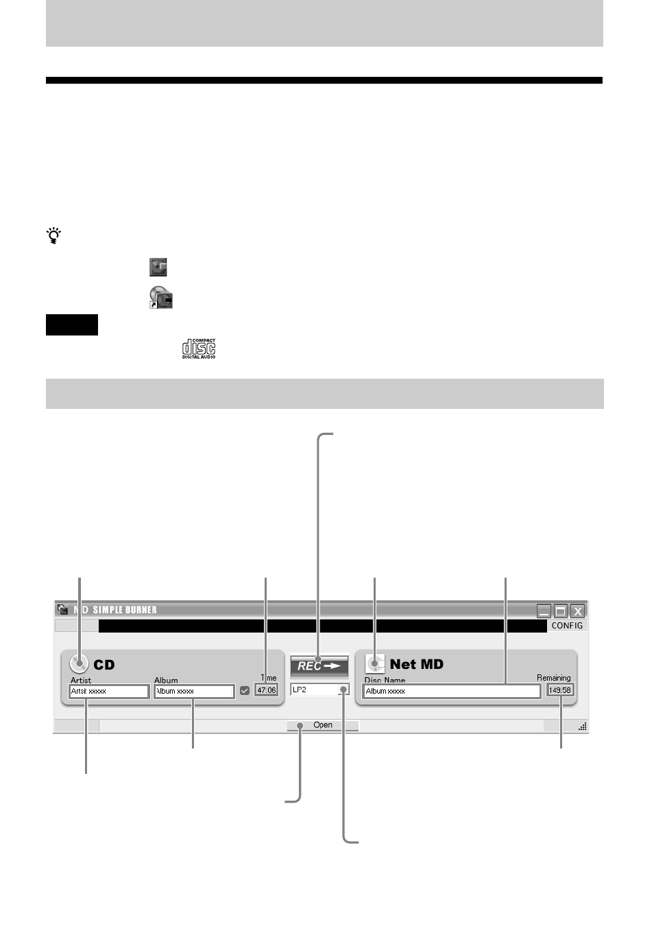Using md simple burner, Recording by computer operations, The window for recording all tracks on the cd | Sony MZ-NF520D User Manual | Page 49 / 68
