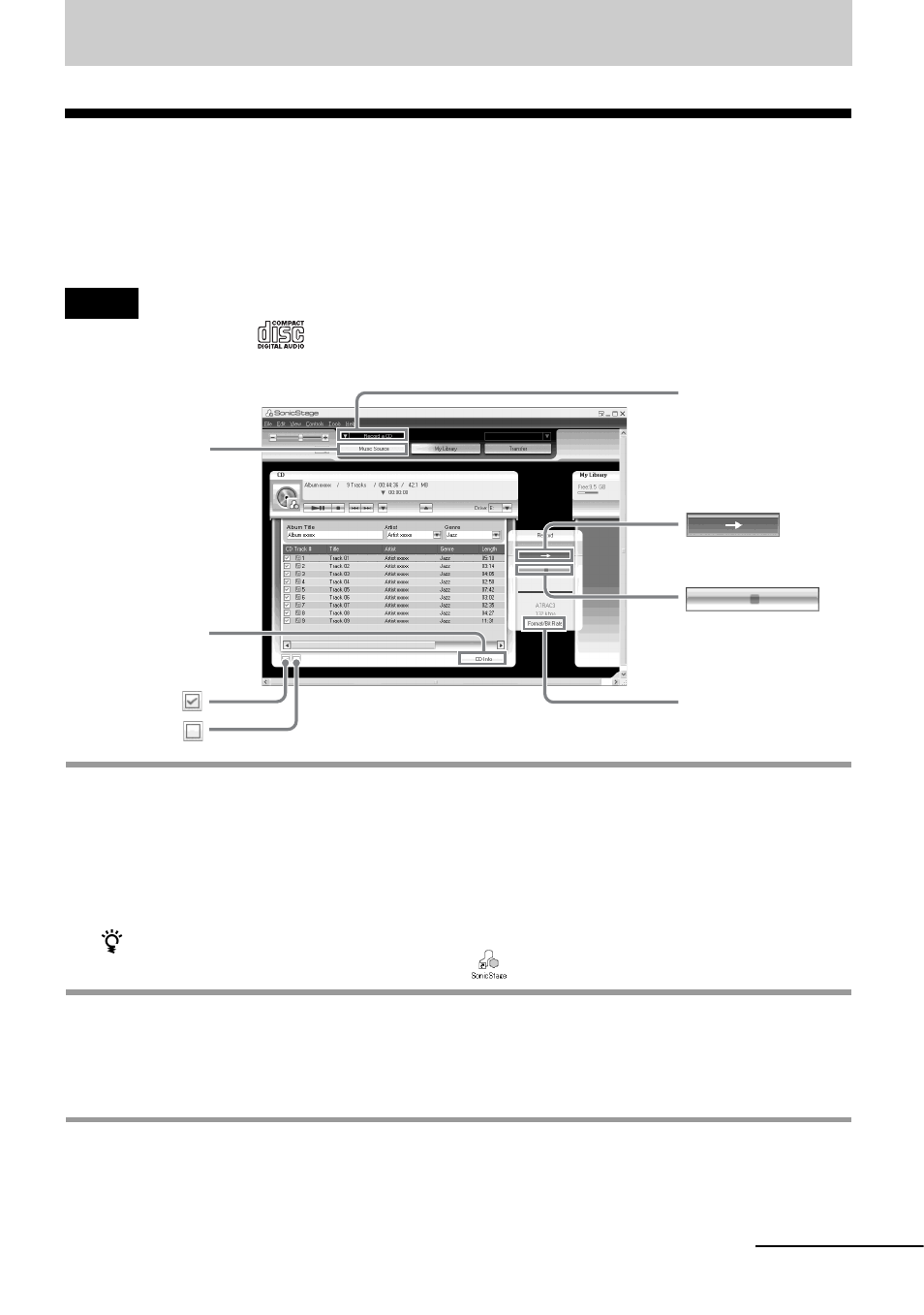 Using sonicstage, Importing audio data | Sony MZ-NF520D User Manual | Page 51 / 68