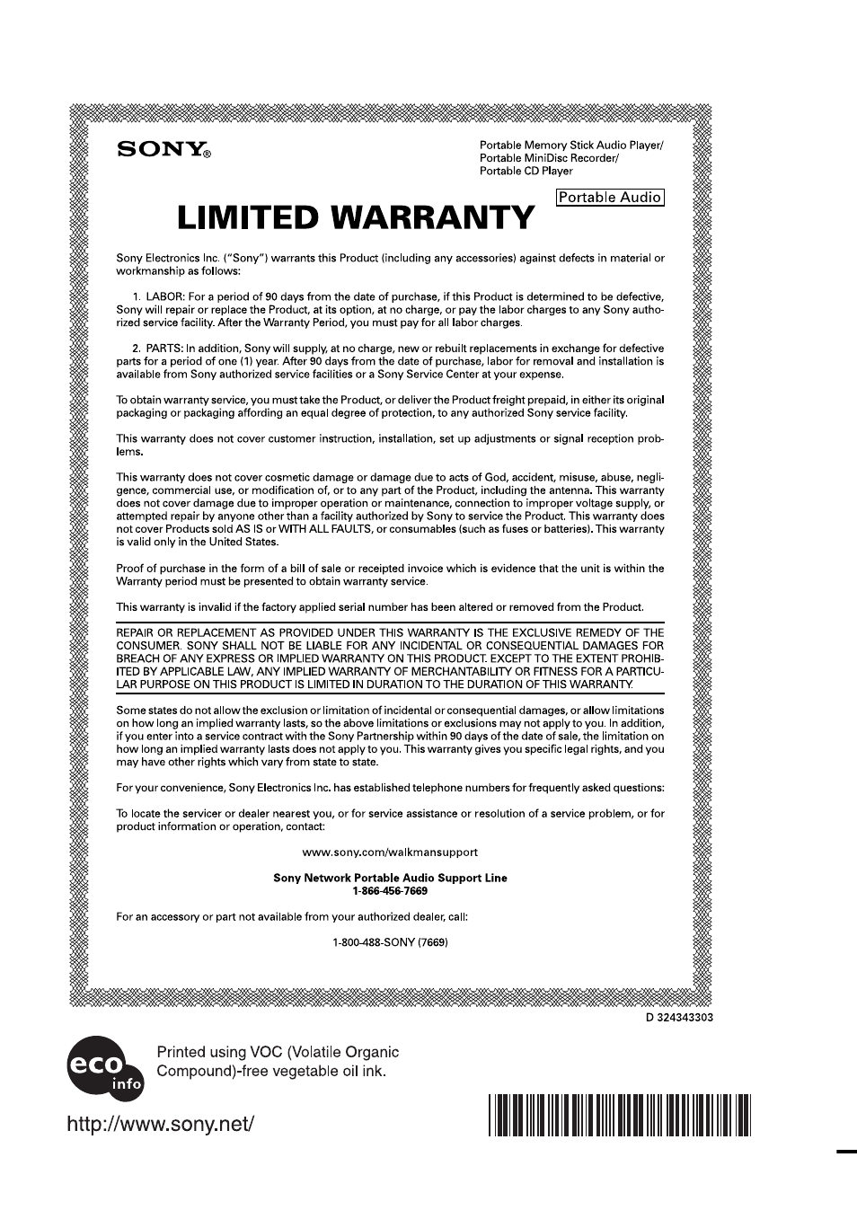 This warranty is valid only in the united states | Sony MZ-NF520D User Manual | Page 68 / 68