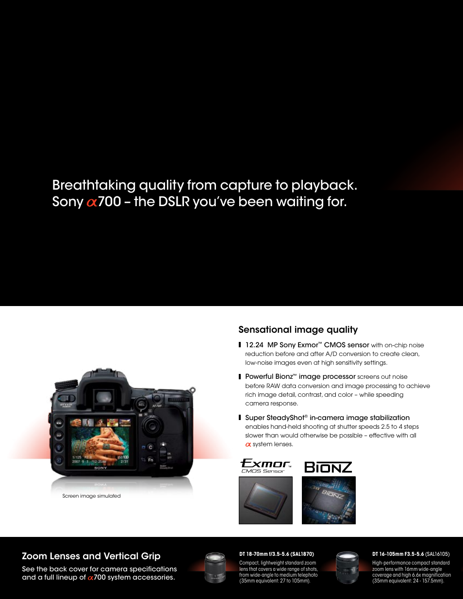 Sensational image quality, Zoom lenses and vertical grip | Sony DSLR-A700P User Manual | Page 2 / 4