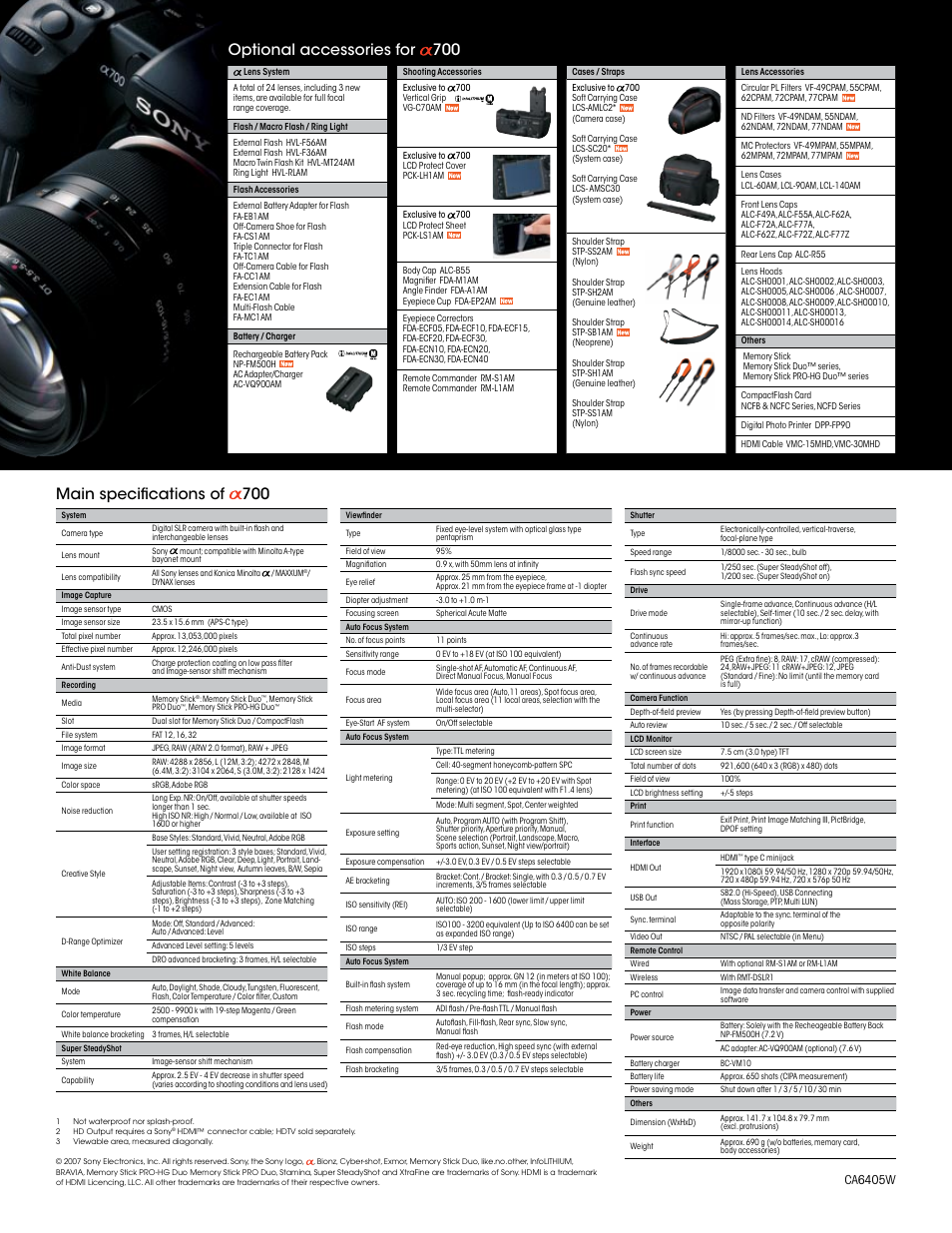 Main specifications of 700, Optional accessories for 700, Ca6405w | Sony DSLR-A700P User Manual | Page 4 / 4