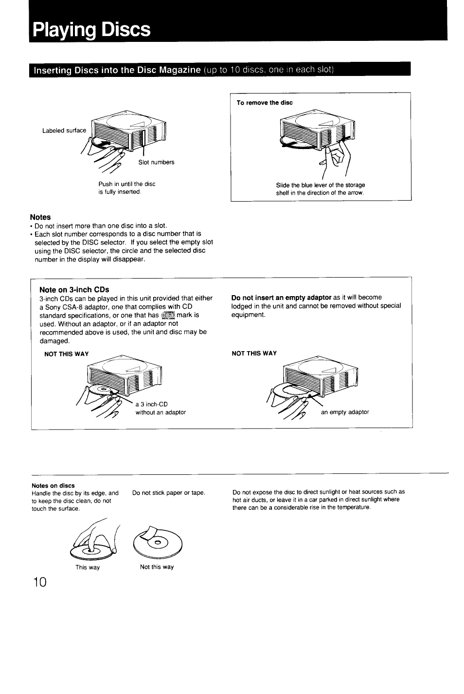 Playing discs, Notes, Note on 3-inch cds | Sony CDP-C9ESD User Manual | Page 10 / 20