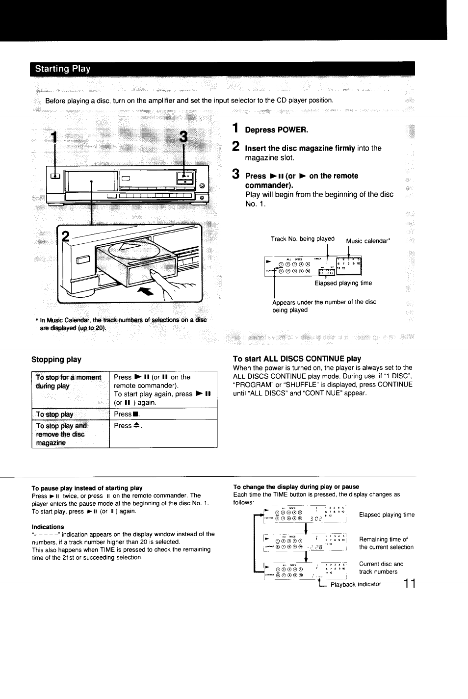 Starting play, 1 depress power, 3 press ^11 (or ► on the remote commander) | Stopping play, To start all discs continue play, Into the magazine slot | Sony CDP-C9ESD User Manual | Page 11 / 20